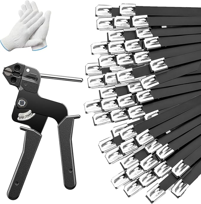 150PCS 11.8Inch 304‑Steel Cable‑Ties Kit with Tie‑Gun & Protective Gloves | High‑strength 304‑steel zip ties provide long‑lasting secure fastening for outdoor‑fence installations.