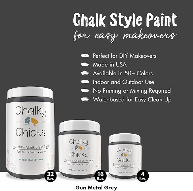 Chalky Chicks 16 Fl Oz Matte Gun Metal Gray (Dark Gray) Chalk Paint for Furniture Without Sanding - No Prep Furniture Paint No Sanding All in One for Crafts, Walls, Cabinet, Metal, Dresser, Farmhouse