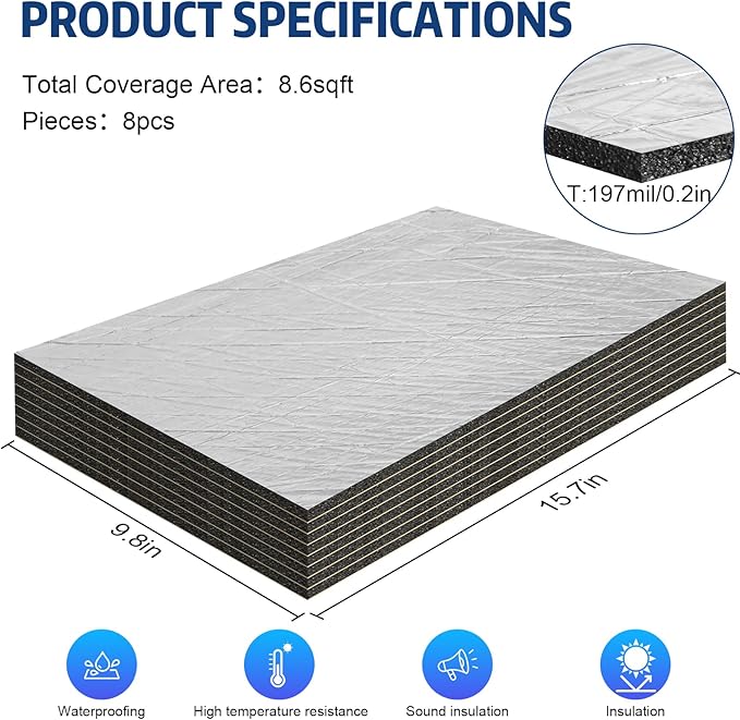 Storystore 8 Pcs 197 mil Thick Car Sound Deadening Mat, 8.6 sqft Sound Deadener Mat Material with Self-Adhesive, Automotive Audio Sound Dampening and Heat Insulation for Truck, Vehicle
