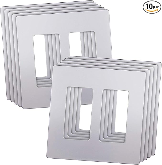 ENERLITES Elite Series Screwless Decorator Wall Plate Child Safe Outlet Cover, Gloss Finish, Size 2-Gang 4.68" H x 4.73" L, Unbreakable Polycarbonate Thermoplastic, SI8832-SV-10PCS, Silver (10 Pack)
