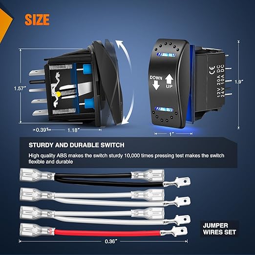 Nilight Down Up Polarity Reverse Blue LED Switch DPDT 20A 12V 24V 7PIN Momentary Rocker ON Off ON Toggle with Jumper Wires and Adaptor for Control Motor for Hoist Crane Linear Actuator