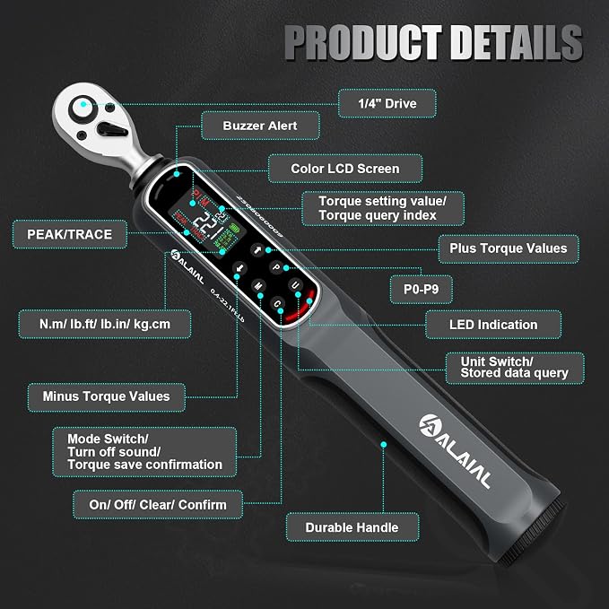 Digital Torque Wrench 0.4-22.1 Ft.Lb/0.5-30 Nm, 1/4 Drive | Dual Direction Rachet Wrench with Vibration, Buzzer and LED Alert, Electronic Torque Wrench for Bike Motorcycle Car Repair