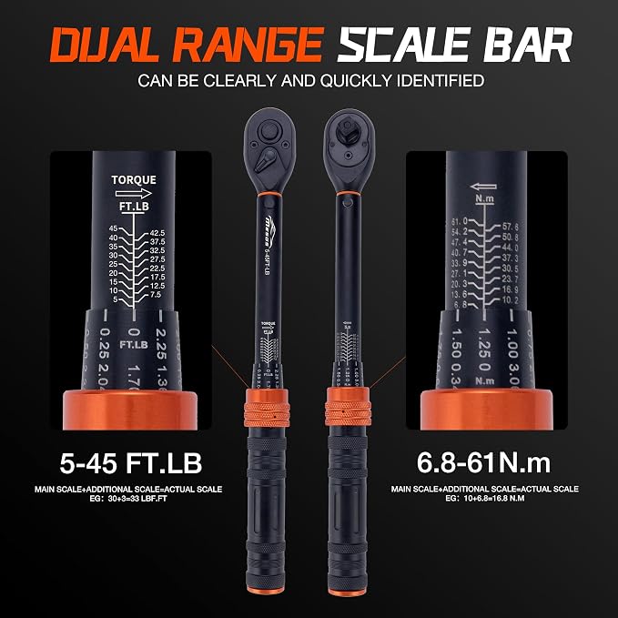 3/8-Inch Drive Torque Wrench, 5-45 Ft-Lb (6.8-61 Nm), 3% Accuracy, 72-Tooth Dual-Direction Mini Torque Wrench with Reversible Head, Quick Release, Dual Scale for Bike