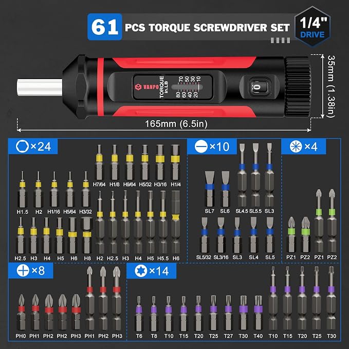VANPO Torque Screwdriver 10-80 in-lb, 1/4" Drive Precision Driver Set | Inch Pounds Torque Wrench, 60 S2 Steel Bits for Gunsmithing, Bike Repair, Scope Mounting, Maintenance, DIY