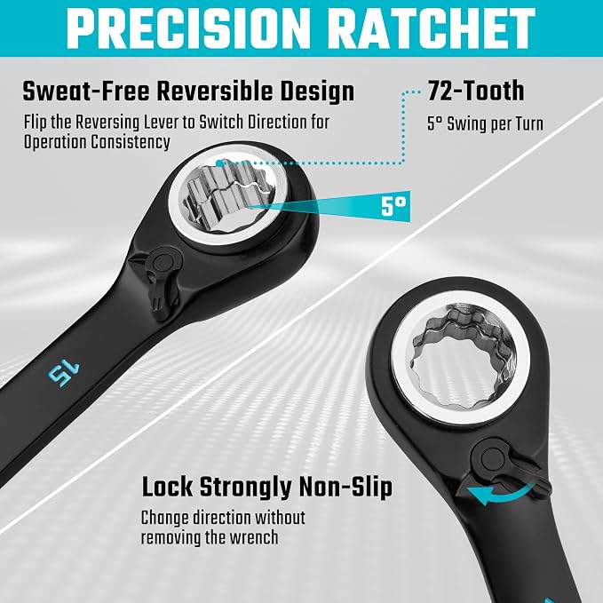 DURATECH 4-in-1 Reversible Ratcheting Box Wrench Set, Metric, 2 Pcs, Black | Double Box End, 8mm, 10mm, 12mm, 13mm & 14mm, 15mm, 17mm, 19mm, CR-V Steel, Black Electrocoat, Rolling Pouch