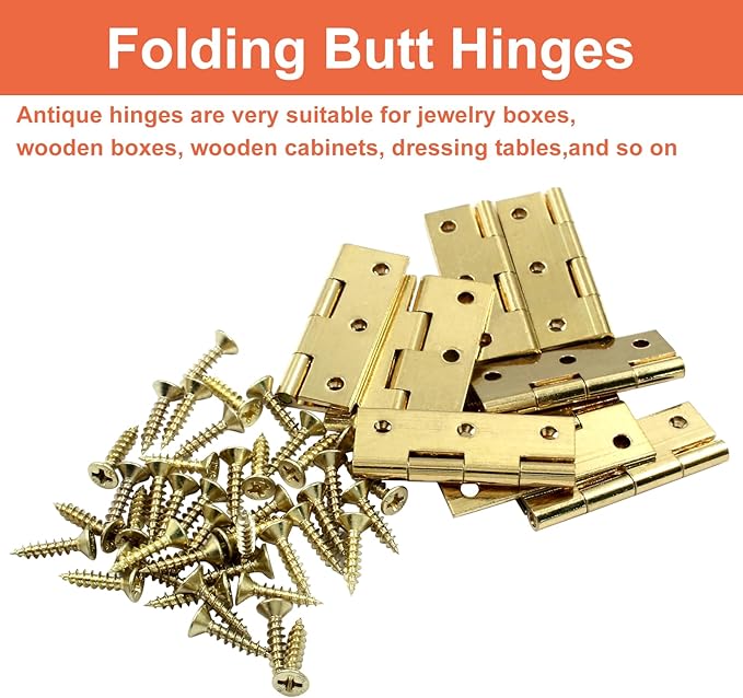 Piutouyar 8 Pack Butt Hinge 1.5 Inch Mini Solid Brass Hinges for Small Cabinet, Folding Craft With Mounting Screws for Boxes, Gate, Drawer