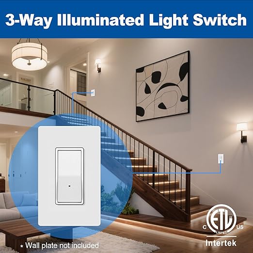 CML 3-Way Illuminated Light Switch, Decorator Rocker Wall Switch with LED Guide Night Light, 15A 120V Paddle Interrupter with Automatic On/Off Sensor, ETL Listed, White, 5 Pack