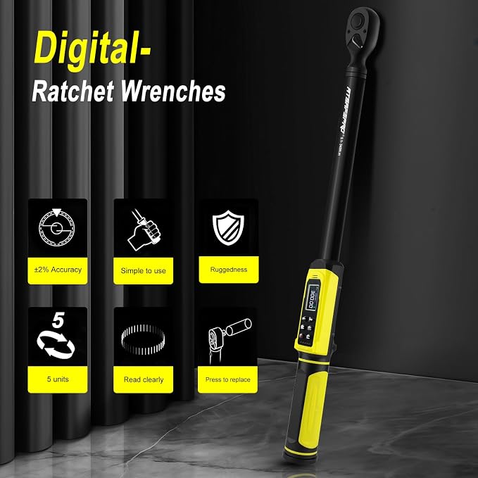 Digital Torque Wrench-1/2-Inch Drive & 5.1-340Nm (3.8-250.8 ft-lb), Heavy Duty Torque Wrench with Buzzer, 5 Units, ±2% Accuracy for Trucks & Machinery