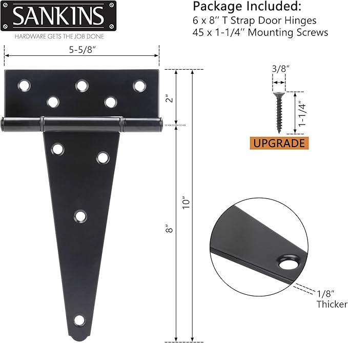 8 Inch T-Strap Shed Door Hinges Heavy Duty, Black Tee Hinge for Wooden Fences, Yard Door, Barn Door Gates, Wrought Hardware Rustproof, 6 PCS