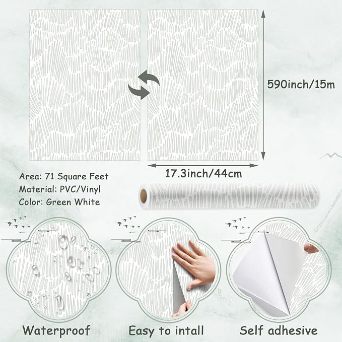 Theper Green Wallpaper 17.3"×590" Modern Striped Wallpaper Peel and Stick Boho Self Adhesive Removable Wall Paper for Bedroom Waterproof Vinyl White and Green Contact Paper