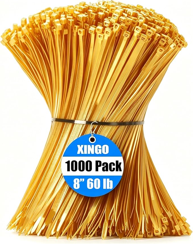 XINGO 1000 PCS Gold Zip Ties 8 Inch, 60 LBS Tensile Strength, Self-Locking Nylon Plastic Nylon PA66 Wire Ties for Indoor and Outdoor Use