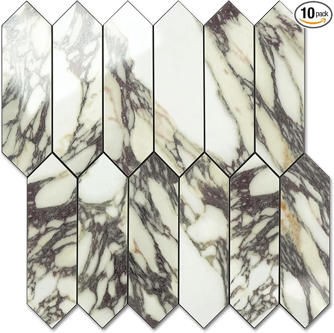 Vamos Tile Glossy Marble Purple Backsplash Tile Peel and Stick, 12.8 x 12.8 Inch 10 Sheets Long Hexagon PVC Self Adhesive Mosaic Wall Tiles Stick on Backsplash for Kitchen and Bathroom