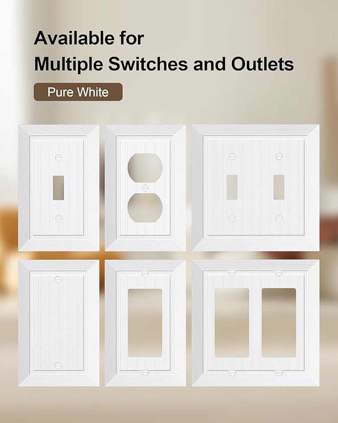 2-Pack Classic Beadboard Duplex Outlet Cover Plate, Decorative Unbreakable Polycarbonate Switch Plates and Outlet Covers, Pure White Wall Plates for Electrical Outlets, 1 Gang Receptacle Cover