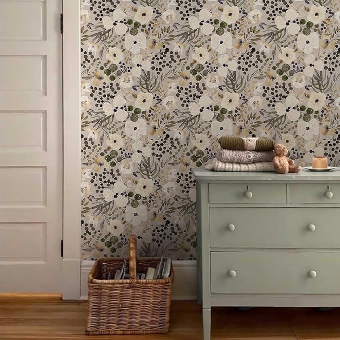 18"x236" Boho Cream/Brown Daisy Flower Peel and Stick Self Adhesive Wallpaper Removable Contact Paper Stick on Easy Peel Off Wall Paper for Kitchen Bedroom Bathroom Renter