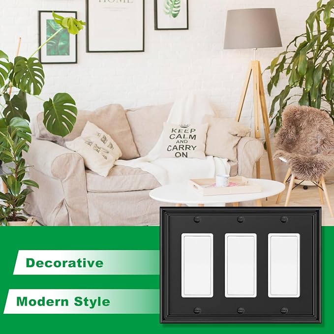 Black Modern Decorative Wall Plate Light Switch Cover Decorator Outlet Covers Rocker Switch Plates Bamboo Fiber Material Wall Plates for Kitchen Bathroom (3 Gang Triple Decorator-1 Pack)