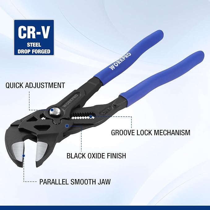 WORKPRO Pliers Wrench Set, 7 & 10-Inch CR-V Construction Wrench Pliers | High Lever Ratio Parallel Smooth Jaw Pliers, Push-Button Quick Adjust, Groove Lock Mechanism for Plumbing, Automotive & DIY