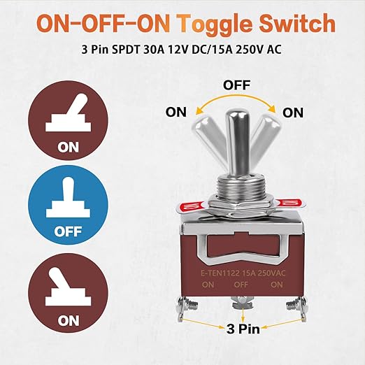6 Pack Toggle Switch, 3 Pin 12V DC 30A/250V AC 15A, Heavy Duty SPDT ON Off ON Switch, Marine Waterproof Toggle Switch with Boot Cap Cover, for Cars Trucks, Racing Cars, Boats