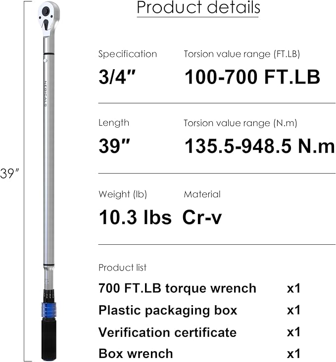 3/4'' 100-700 Ft Lb Torque Wrench Heavy Duty, Dual Direction | High hardness, Long lifetime, Stored In a Solid Case, Quick Release, Cr-V