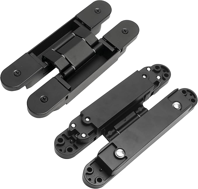 4-Pack 7 inch Black Hidden Door Hinges, Heavy Duty Zinc Alloy Concealed Hinges, Invisible 180 Degree Swing Hinge, 3 Way Adjustable Butt Hinge