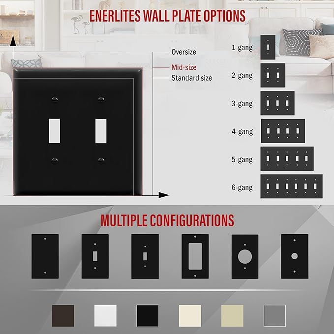 ENERLITES Double Light Wall, Toggle Switch Plate, 2-Gang Mid-Size 4.88" x 4.92", Unbreakable Polycarbonate Thermoplastic, UL Listed, 8812M-BK, Black