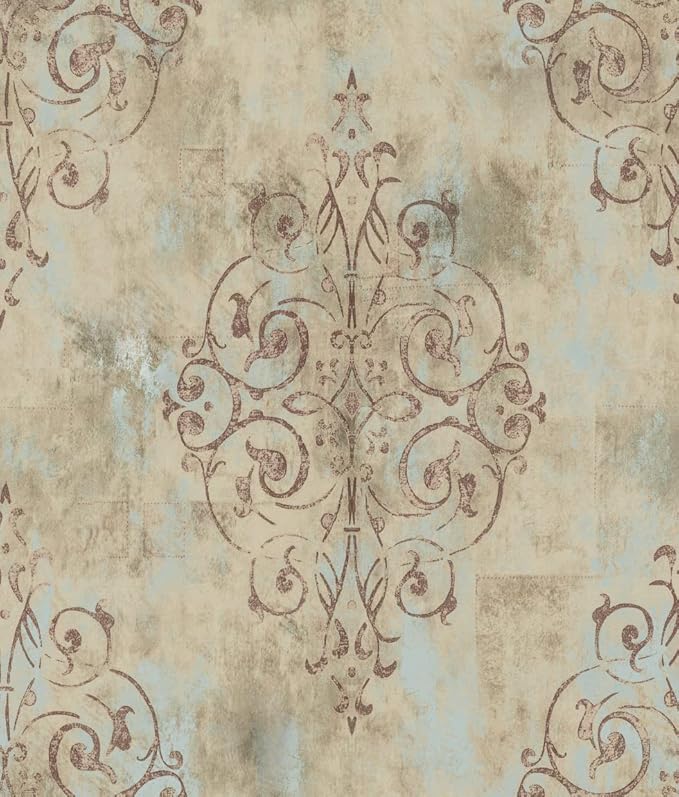 HAOKHOME Vintage French Damask Peel and Stick Wallpaper Deep Yellow/Mist Blue/Brown Vinyl Self Adhesive Wall Paper Design for Walls Bathroom Bedroom Home Decor 17.7in x 32.8ft