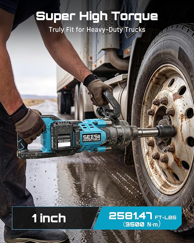Seesii Cordless 1 inch impact gun 2581.47 FT-LBS(3500 N.m) High Torque Impact Wrench 7.88" Extended Anvil with 21V 2x5.0 Ah Battery, 5 Sockets&storage bag, for Truck,Tractor&Agri-Service,Construction