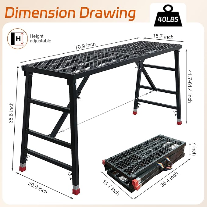 Foldable Scaffolding Platform, Height Adjustment 70.9x15.7x35.4-57 in Portable Welded Steel Work Platform, 770 lbs Capacity, Industrial Step Ladders Ideal for Home Improvement, Wiring and Painting