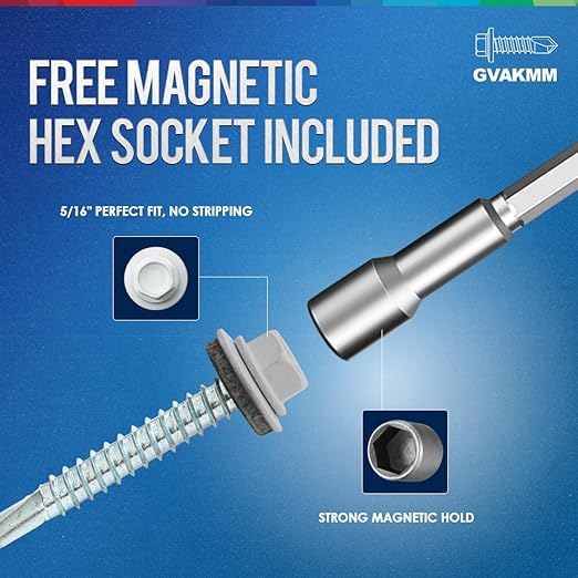 300Pcs #10 x 1-3/8" Zinc Metal Roofing Screws, Hex Colored Head Self-Drilling Metal to Wood Siding Fasteners, in Reusable Storage Case, Hex Driver Bit Included
