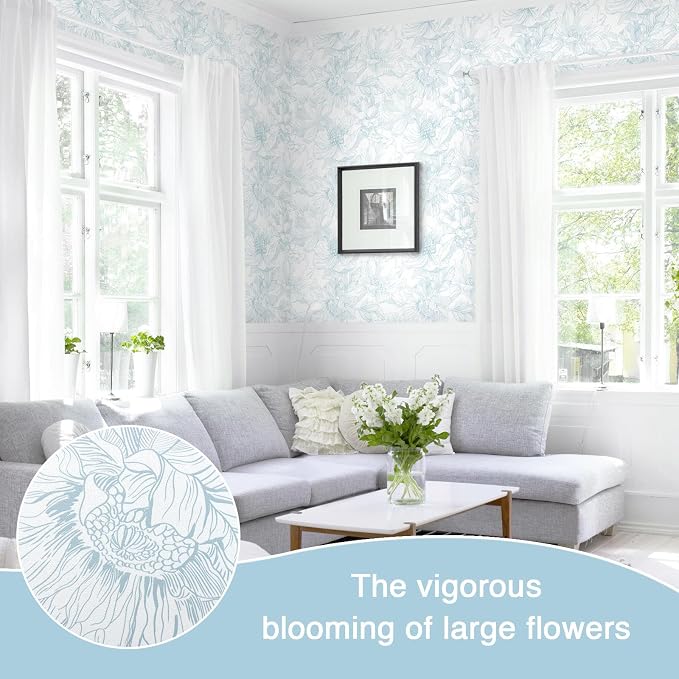236"x17.3" Peel and Stick Wallpaper Blue Floral Contact Paper Boho White Modern Wallpaper Removable Self Adhesive Wall Paper for Bedroom Bathroom Cabinets Drawers Thicken Vinyl Roll