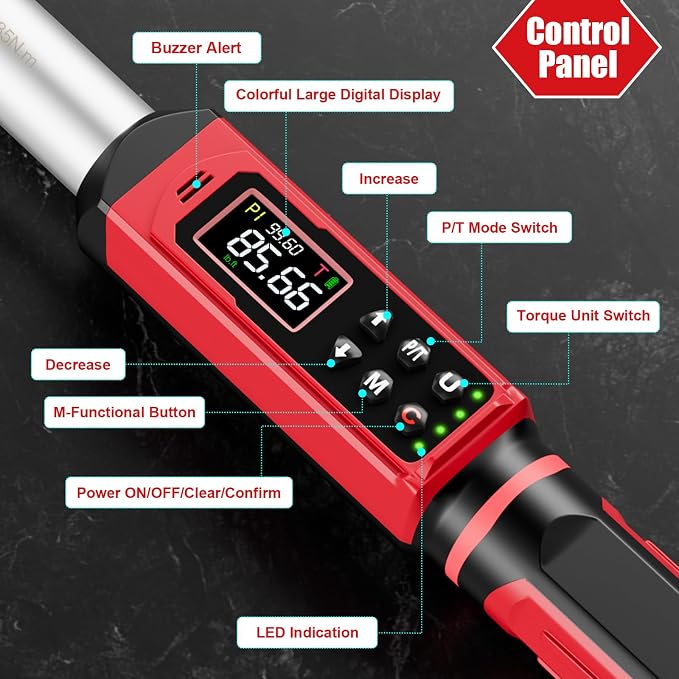 1/2" Adjustable Digital Torque Wrench (1.5-99.6Ft.Lb/2-135N.m) | Interchangeable 14x18mm Head with 42mm Jaw & 1/2" Ratchet, Vibration, Buzzer & LED Flash, for HVAC, Flare Nut & Auto Repair