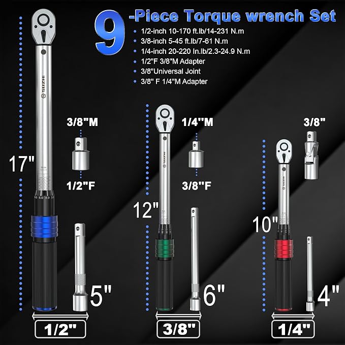 1/4 3/8 1/2 9PC Torque Wrench Set 20-220 In lb,5-45 &10-170 Ft lb,3 extension bar & 3 adapter,3% Accuracy,72 T,Chrome plated,anti-rust,no scratch & wear-resistant than Black,for DIY, bike,car & truck