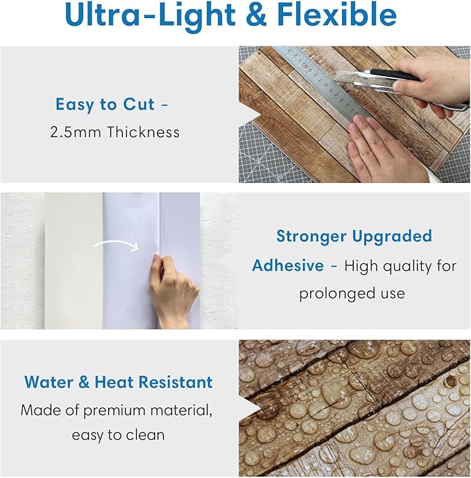 COMSTICKC Peel and Stick Faux Wood Wall Sticker Wall Panels, 10 Pcs of 12" x 12", Not Real Wood, Ultra-Light Thin PVC 3D Fake Wood Shiplap Self-Adhesive Wall Covering Wallpaper Interior Decor