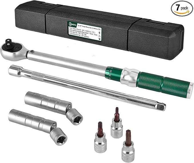 3/8" Drive 7Pcs Click Torque Wrench Set, 7.38-44.25 ft.lb / 10-60 Nm | ±3% High Precision 72-Tooth Reversible Cr-V Tool for Auto, Motorcycle & Bicycle Repair with Storage Case