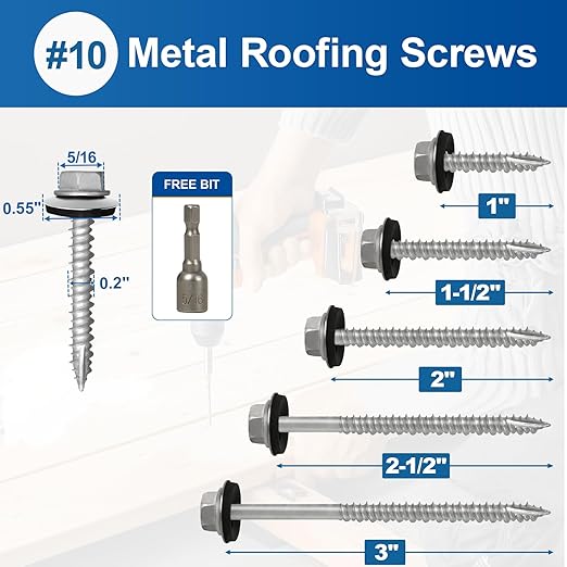 FMhotu Metal Roofing Screws #10×1-1/2Inch, 500-PCS, Hex Head Rustpert Coating Sheet Metal to Wood Siding Screw with EPDM Rubber Washer, Sharp Point, Hex Socket Included