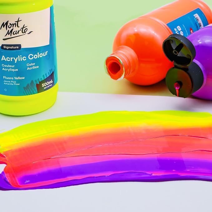Mont Marte Signature Fluoro Orange Acrylic Paint, 16.9oz (500ml), Semi-Matte Finish, 12 Colors, Suitable for Canvas, Wood, Fabric, Leather, Cardboard, Paper, MDF and Crafts