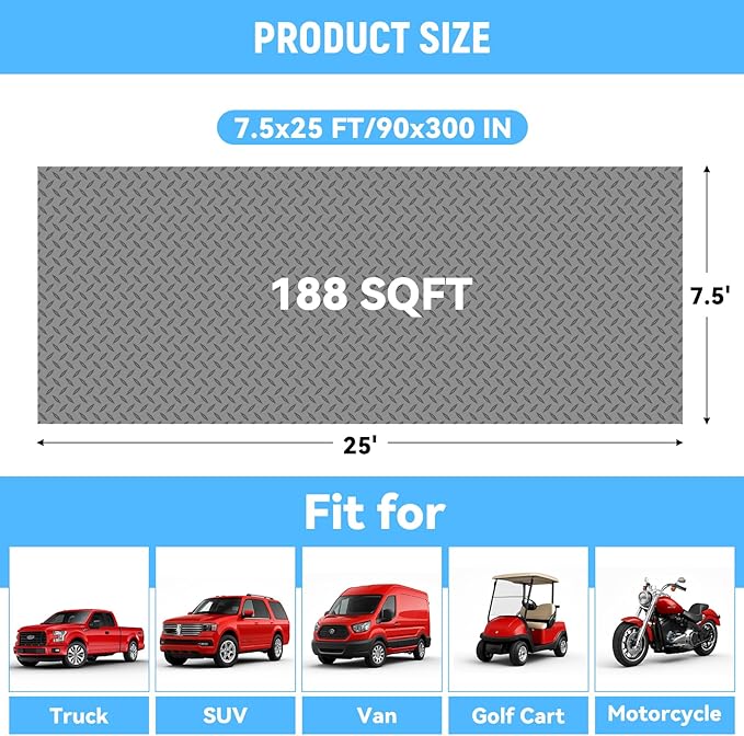7.5x25 FT Garage Floor Mat, 2.8mm Thickened PVC Flooring Roll for Under Car, 188 SQFT Diamond Plate Gray Garage Mats for Garage, Warehouse, Basement, Gyms, Trailer（Included Tapes）