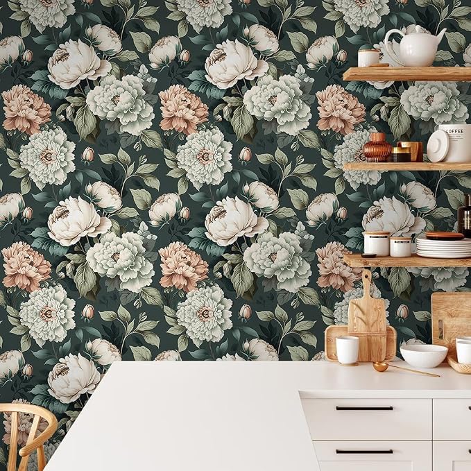 Dark Green White Peonies Vintage Floral Peel and Stick Wallpaper Wall Decor Self Adhesive Wall Paper Stick on Easy Peel Off Contact for Renter Apartment
