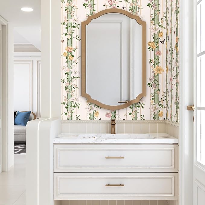BOKEBEVE Boho Floral Peel Stick Wallpaper Beige Pink 17.5 x 393.5In | Extra Long Leaf Contact Paper Modern Wall Paper for Bedroom Accent Walls Laundry Nursery Pantry Renter Friendly Removable
