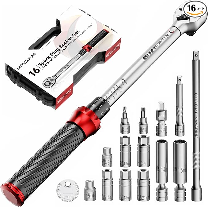 16pcs 3/8" Click Torque Wrench Spark Plug Socket Set, 5-45 Ft.lb | Dual Range Mechanical Torque Wrench with Magnetic Spark Plug Sockets, Extension Bars & Gap Gauge for Auto & Motorcycle Repair