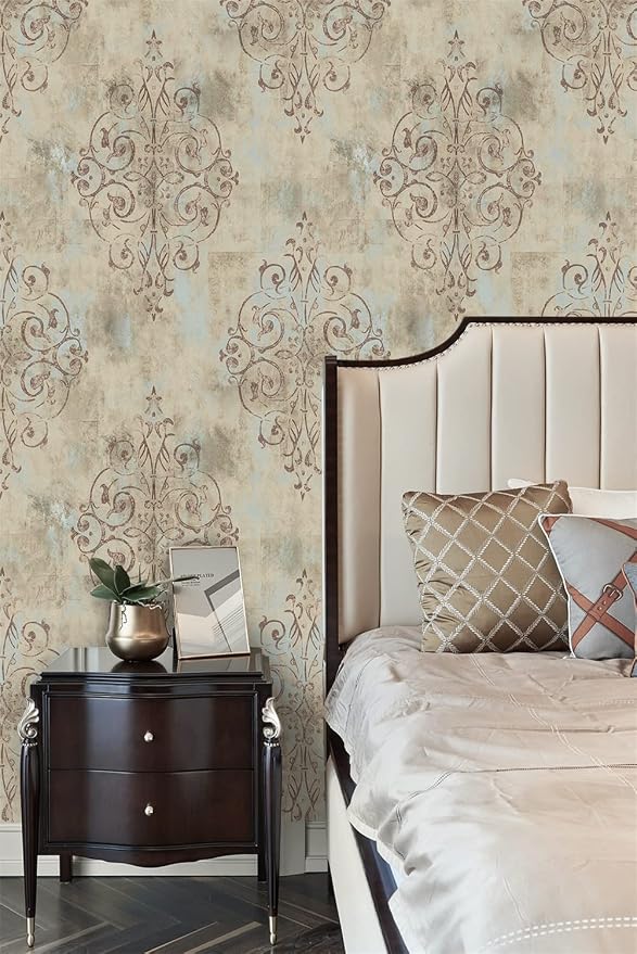 HAOKHOME Vintage French Damask Peel and Stick Wallpaper Deep Yellow/Mist Blue/Brown Vinyl Self Adhesive Wall Paper Design for Walls Bathroom Bedroom Home Decor 17.7in x 32.8ft