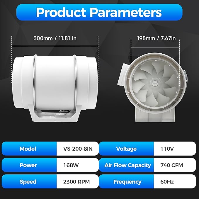 Voltset 8 Inch Duct Fan, Inline Ventilation Exhaust Fan with Remote Control, 740 CFM Duct Intake High Efficiency Air Fan for Vent Bathroom, Kitchen, Grow Tent, Hydroponics, 3D Printer