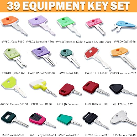 39 Full Range Heavy Equipment Keys-Construction Master Ignition Keys for Homeowners Genie JLG CAT Caterpillar Volvo JCB JD H800 Bobcat Terex Hyster Komatsu 787 Indak Kubota Holland Excavator
