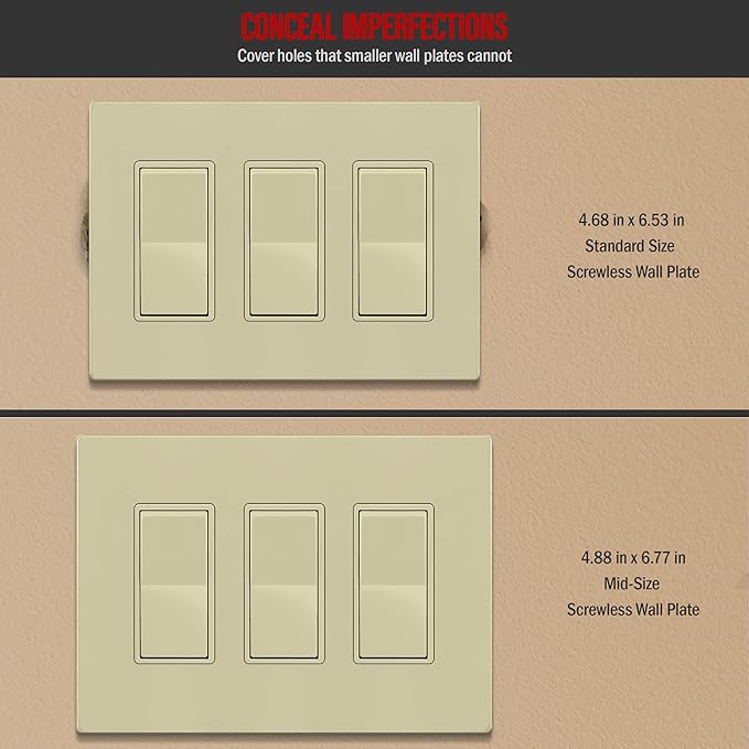 ENERLITES Screwless Decorator Wall Plates Child Safe Outlet Covers, Gloss Finish, Medium Size 3-Gang 4.88" H x 6.77" L, Unbreakable Polycarbonate Thermoplastic, SI8833M-I, Ivory