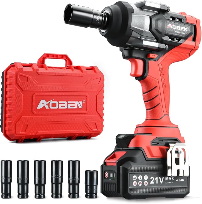 AOBEN 1100N.m Cordless Impact Wrench, 1/2" High Torque Impact Gun, 3-Speed 2500RPM Power Impact Driver for Car RV Tire Lug Nuts, Includes 4.0Ah Battery & Fast Charger, 6 Sockets & Carry Case