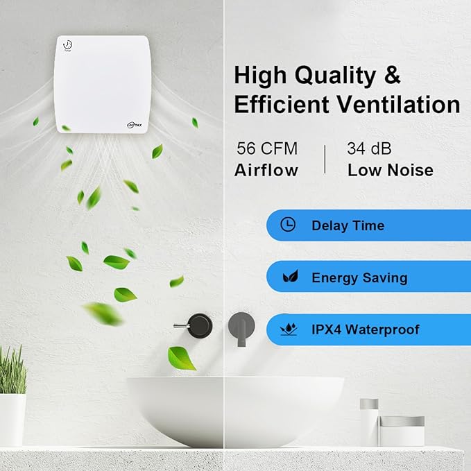 4 Inch Exhaust Fan, 56CFM Wall Mount Bathroom Exhaust Fan with Timer and Backdraft Damper, Quiet Window Mount Extractor Ventilation Fan for Bathroom Kitchen Garage, 12W, White