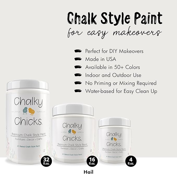 Chalky Chicks 32 Fl Oz Matte Hail (White) Chalk Paint for Furniture Without Sanding - No Prep Furniture Paint No Sanding All in One for Crafts, Wood, Walls, Cabinet, Metal, Dresser, Farmhouse