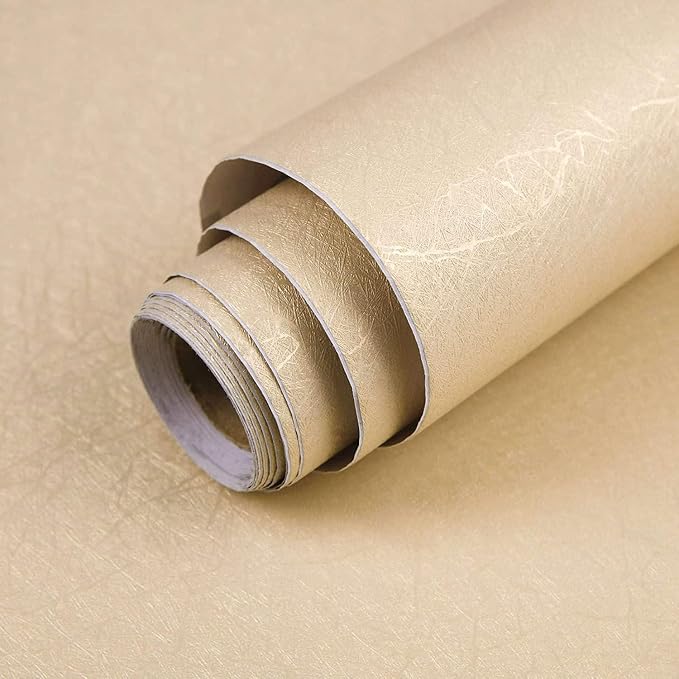 Beige Peel and Stick Self Adhesive Wallpaper Countertop Contact Paper | Gold Removable Embossed Silk Waterproof Bathroom Wallpaper 15.7" X 118" Kitchen Vinyl Wrap for Cabinet Shelf Liner Paper