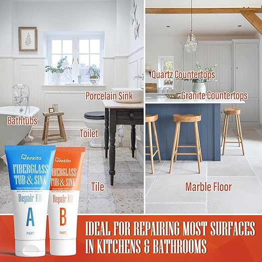 Fiberglass Tub Repair Kit(Color Match), Fiberglass Shower and Acrylic Bathtub Repair Kit for Scratches, Cracks, Chips, Holes on Porcelain, Enamel, Tubs, Tile, Sink, Fix Chipped Almond Bath Tub