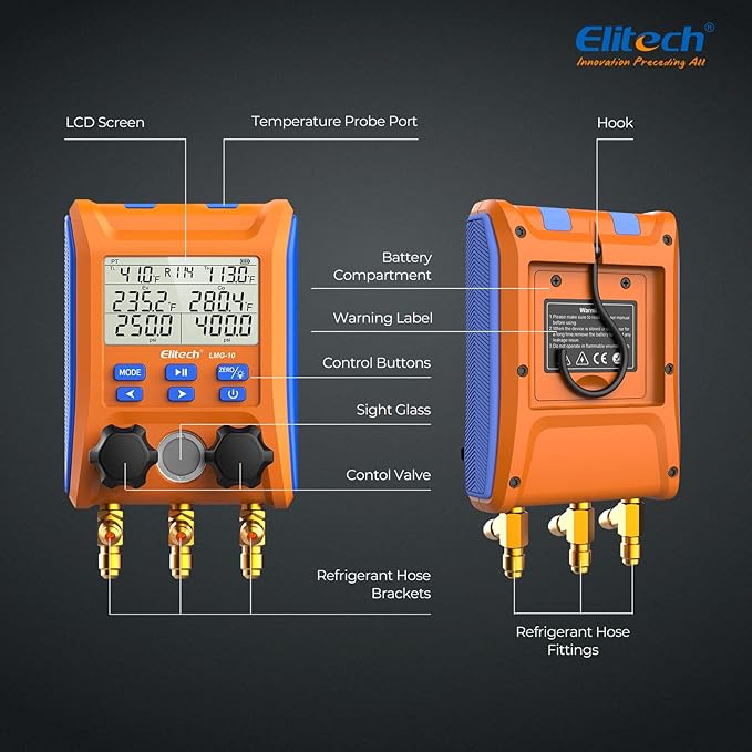 Elitech LMG-10Plus 2-Way Digital Manifold, HVAC Refrigerant Pressure Gauge for Superheat/Subcooling, with Temp Clamps and R410A Adapter, Supports 88 Refrigerants