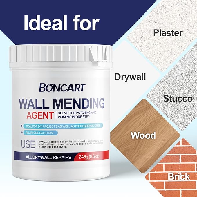BONCART 8.6oz Drywall Patch Repair Kit - Professional All-in-1 Tool Set (Scrapers/Sandpaper/Texture Sponge/Gloves/ Aluminum Patches) for Fast Wall Hole Repair